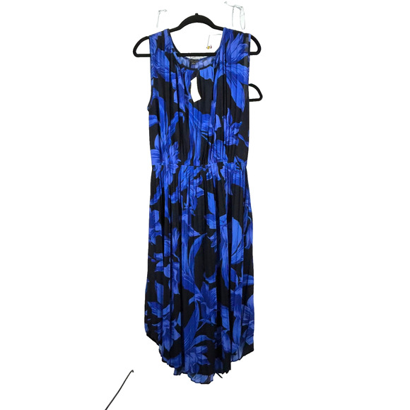 Ann Taylor Dress Womens Large Blue Black Floral Pleated Sleeveless Pullover - Picture 1 of 10